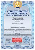 Свидетельство о распространении педагогического опыта на образовательном портале МААМ.ru Свидетельство о распространении педагогического опыта на образовательном портале МААМ.ru